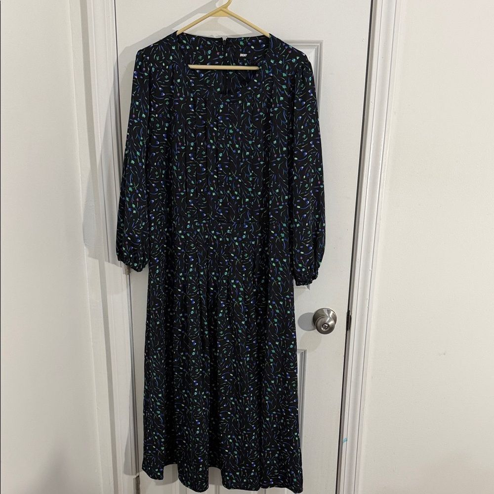 DKNY Black and Blue Patterned 3/4 Sleeve Dress Size 14